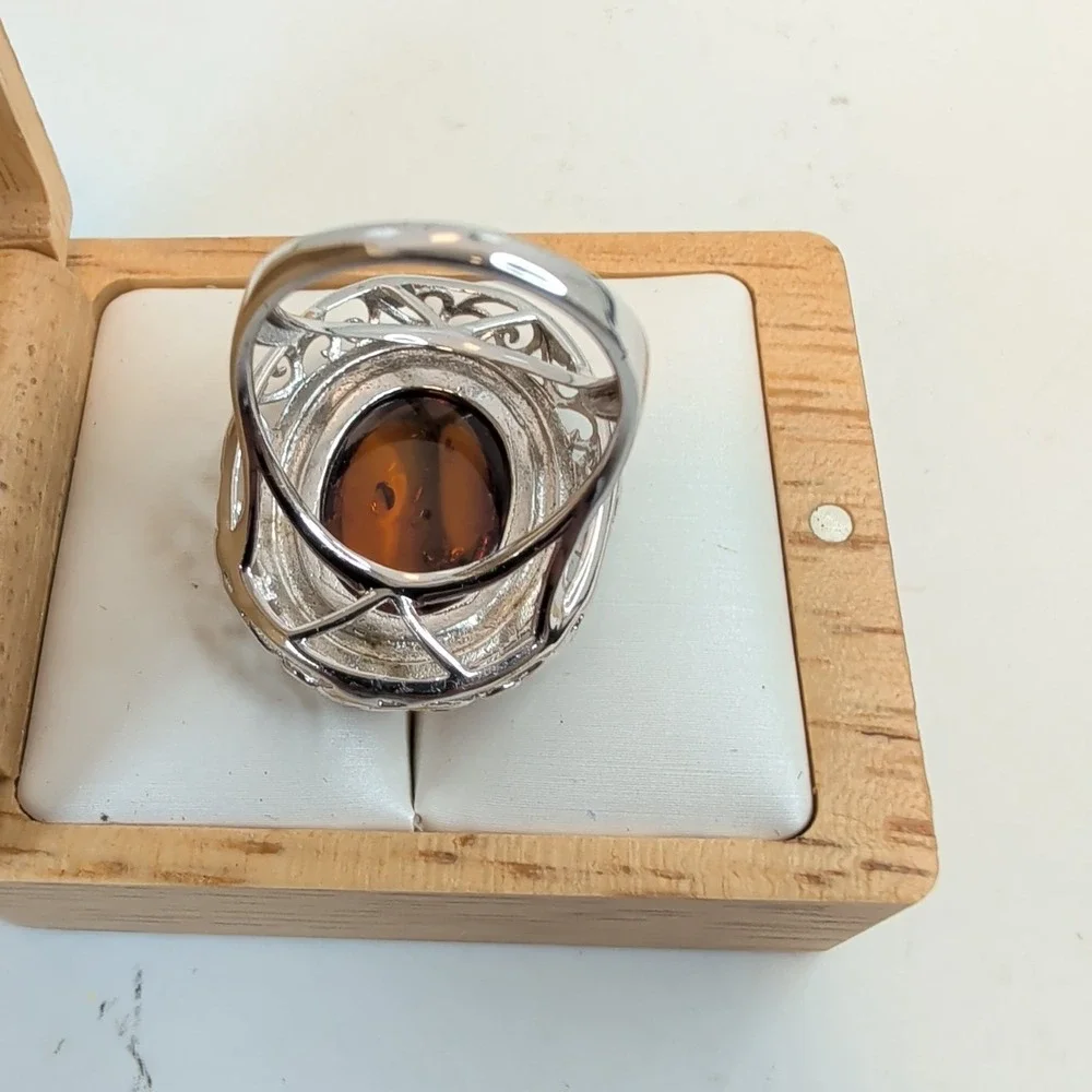 STS Jewels Sterling Silver & Cognac Amber Pebbled Filigree Statement Ring
